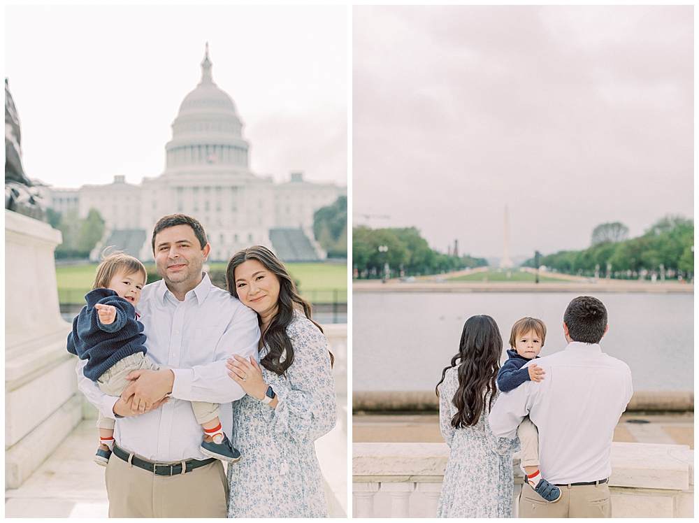 Family huddles together by the U.S. Capitol reflecting pool during family photo session