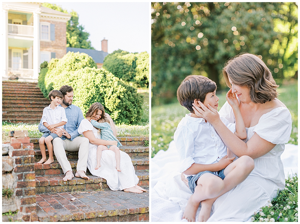 Family sits together on brick steps at Mulberry Fields