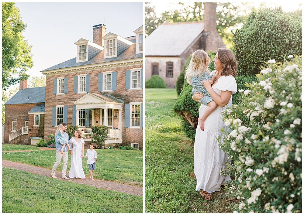 Family Photographers Maryland | Family walks together in front of manor at Mulberry Fields