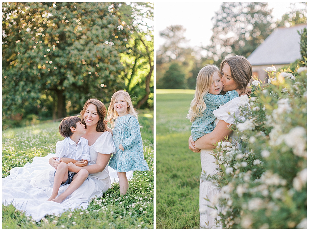 Mother caresses her children during their family photo session at Mulberry Fields | Family Photographers in Maryland