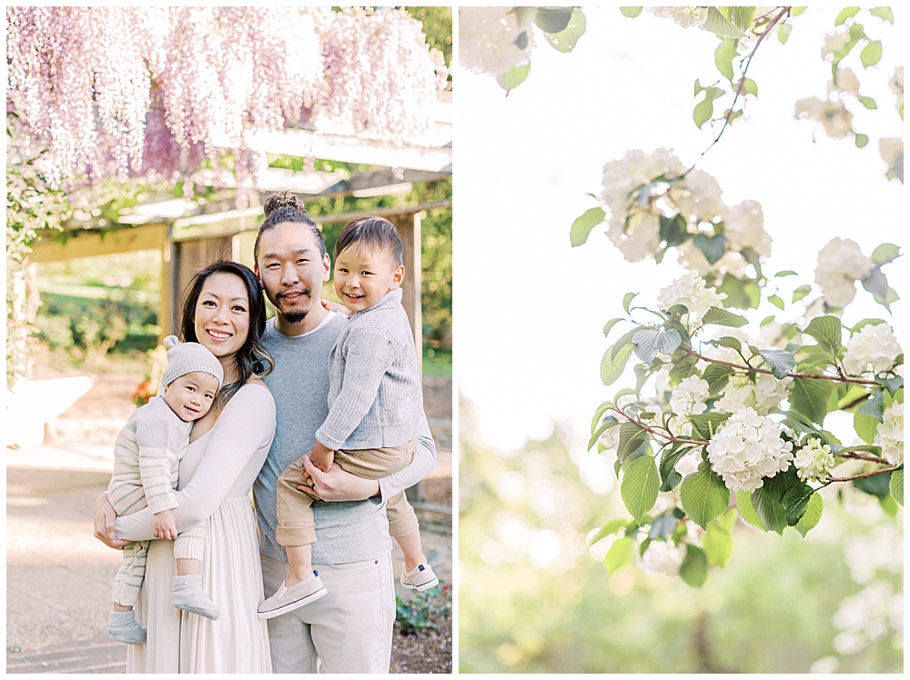 Family photo session at Brookside Gardens in spring