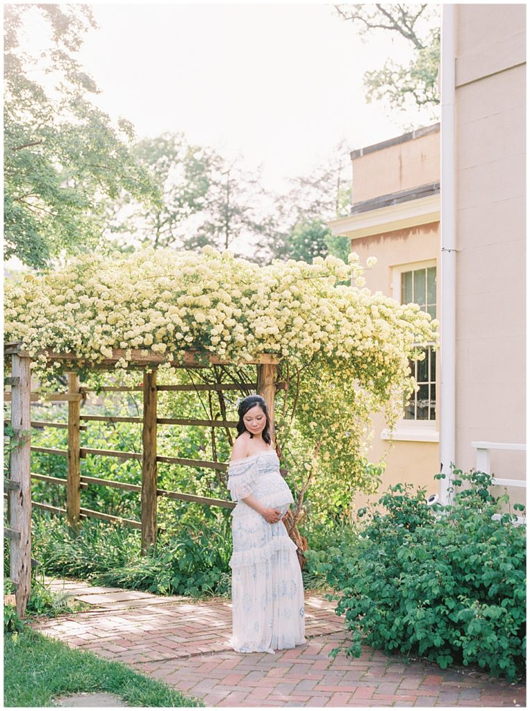 Pregnant woman stands in front of floral arch at Tudor Place during maternity session