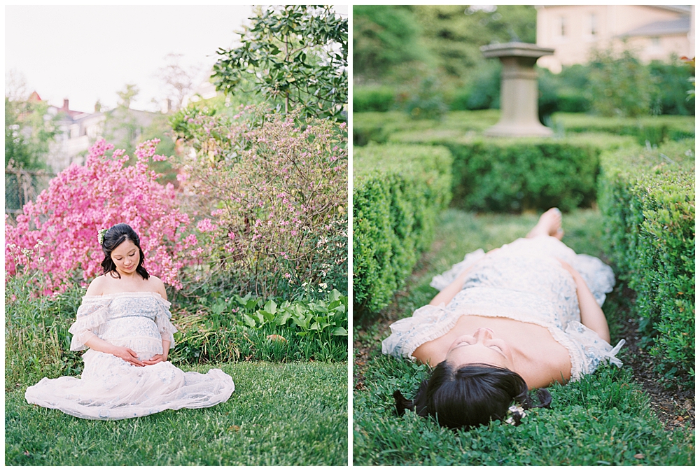 Woman sits and lays down during a maternity session at Tudor Place