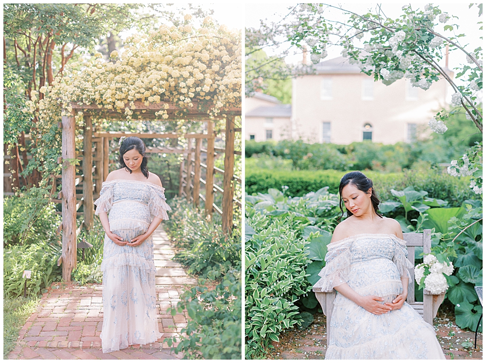 Woman stands and sits in gardens at Tudor House during DC maternity session