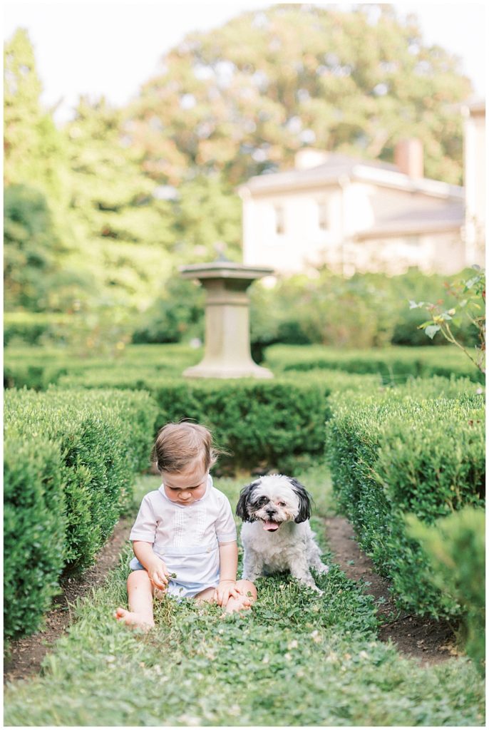 Little boy sits with his dog in the gardens of Tudor Place