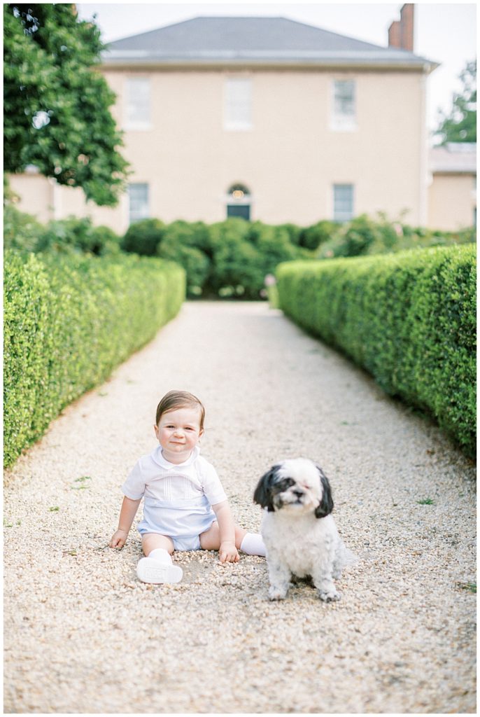 One year old boy sits with his dog in front of the manor at Tudor Place