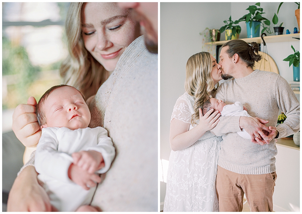 A newborn session in Arlington with a mother and father holding their baby girl and kissing one another