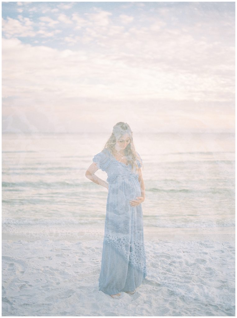 Double exposure of mother standing on the beach during her maternity session and the waves