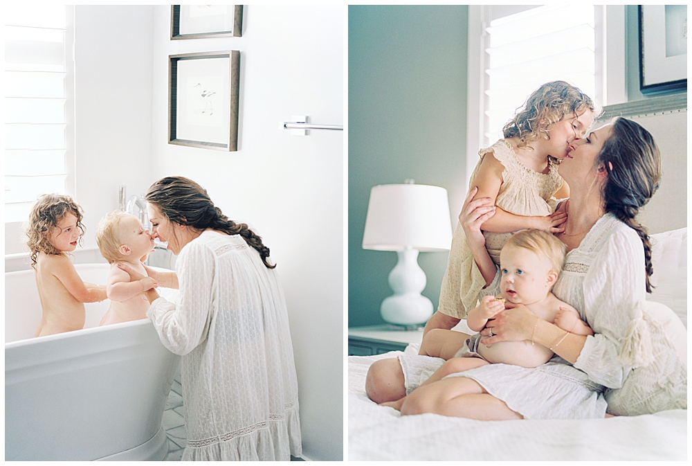 A mother cuddles her two young children on the bed and in the bath during their lifestyle family session at home