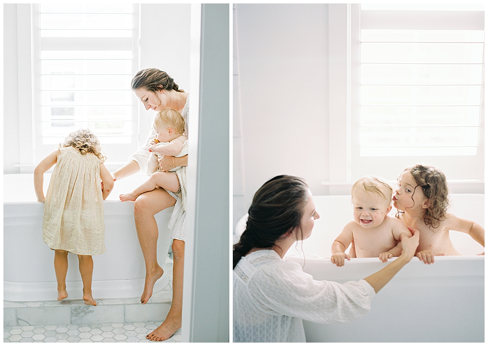 A mother plays with her two young children in the bath during their lifestyle family session by Maryland Family Photographer Marie Elizabeth Photography