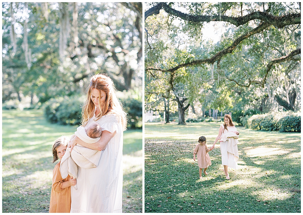 An outdoor newborn session with a mother, her daughter, and the newborn baby boy
