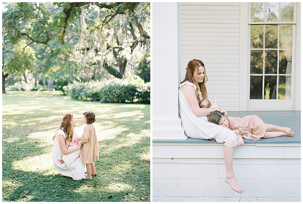 A mother and daughter sit together outside and on a porch during their outdoor newborn session