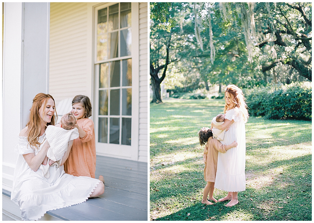 An outdoor newborn session in a green park with a historic manor