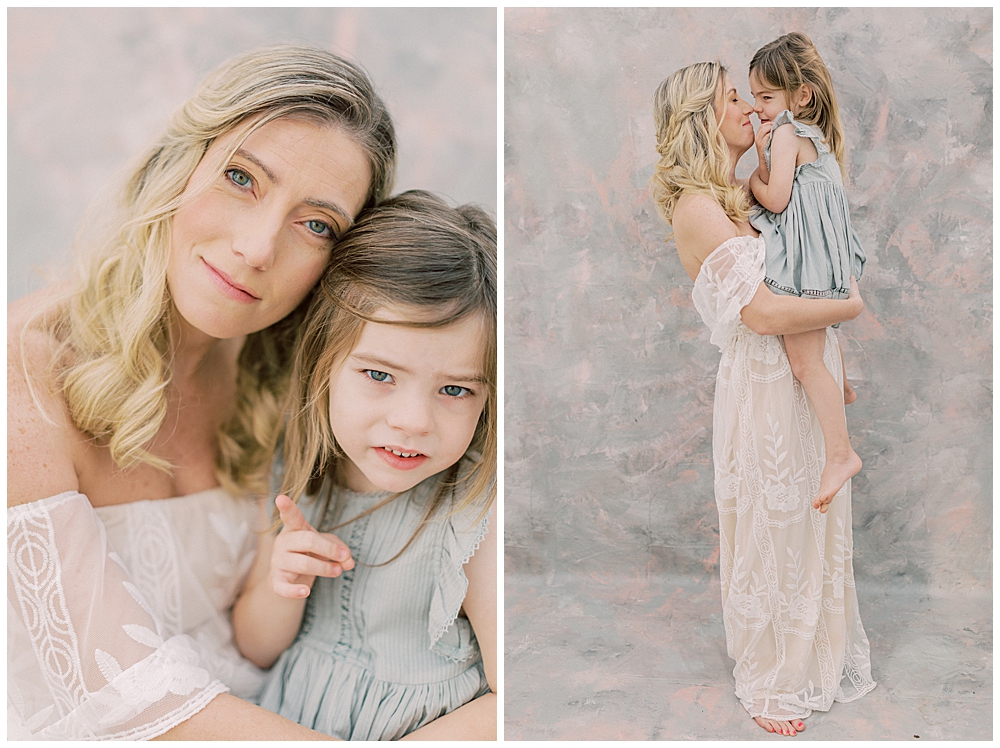 A mother and daughter hold one another during their studio motherhood session by DC Motherhood Photographer Marie Elizabeth Photography