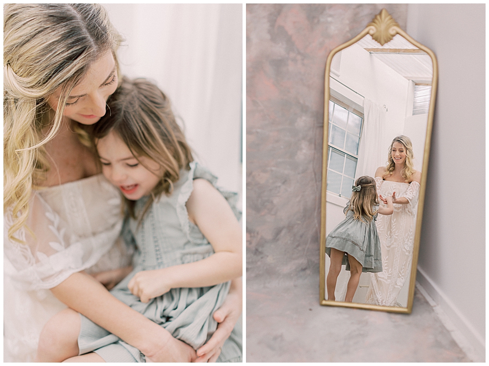 Studio motherhood session with mother and little girl outside of Bethesda MD