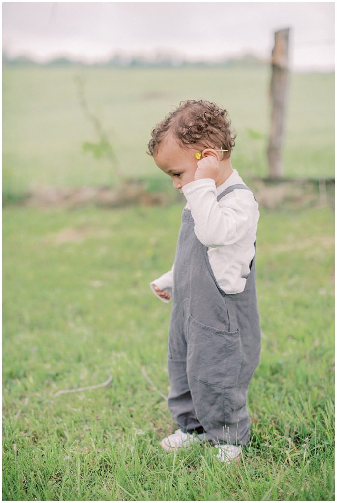Toddler boy in overalls wears a buttercup over his ear