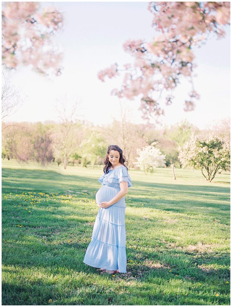 A pregnant mother stands in a field with cherry trees in the National Arboretum