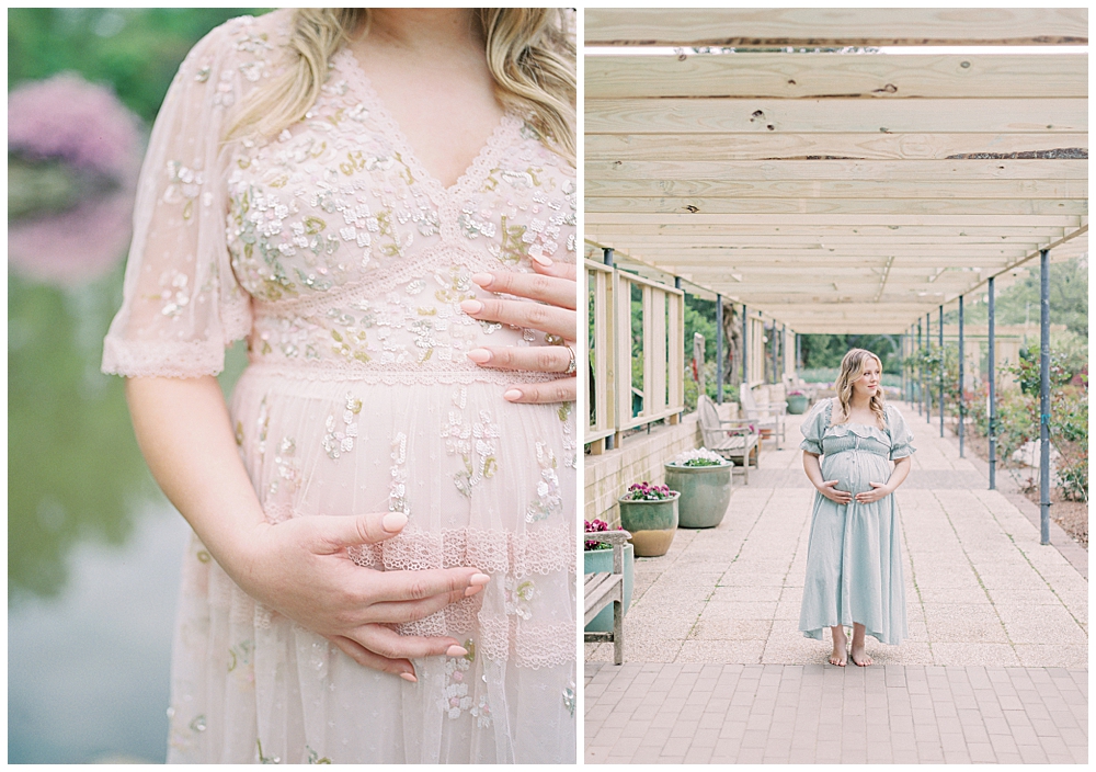 An ethereal garden maternity session at Brookside Gardens with a blonde mother in a Doen dress and Needle & Thread dress.