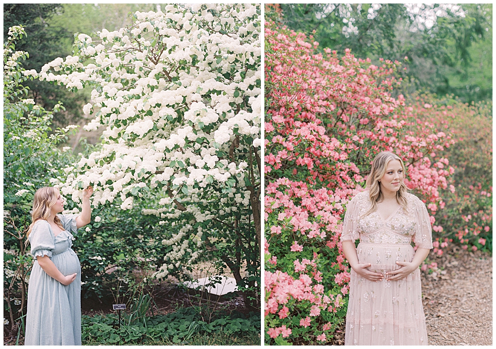 A pregnant blonde mother wearing a green dress by white flowers and a pink dress by pink azaleas in Brookside Gardens.