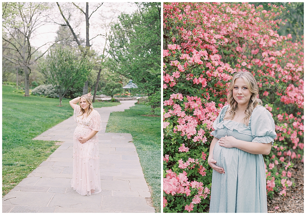 A garden maternity session in Brookside Gardens with a pink pregnant mom in a pink dress and green dress