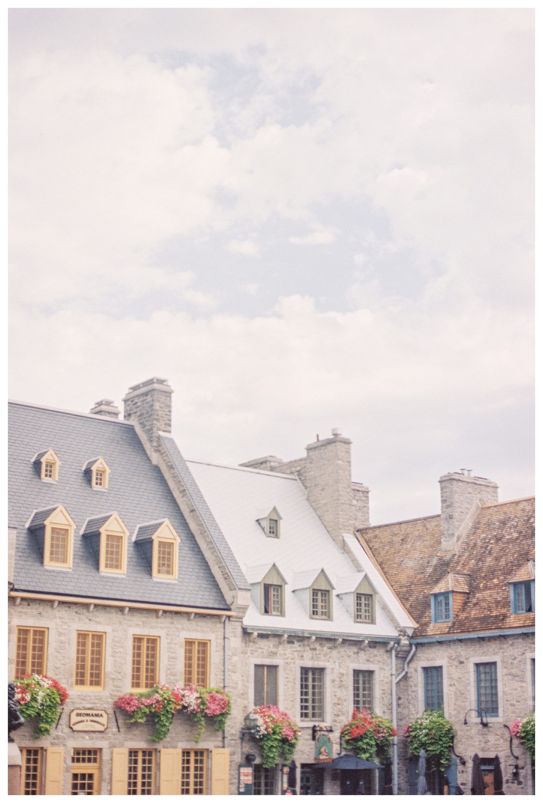 Roofs of stone buildings with floral window boxes in Quebec City