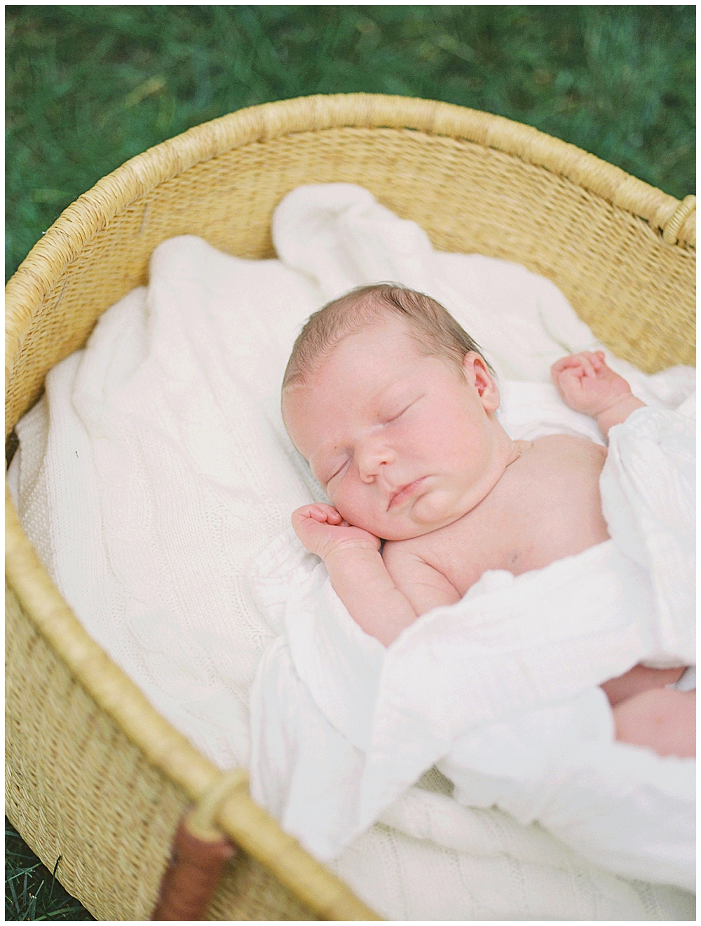 Newborn in a Moses basket during an outdoor studio newborn session