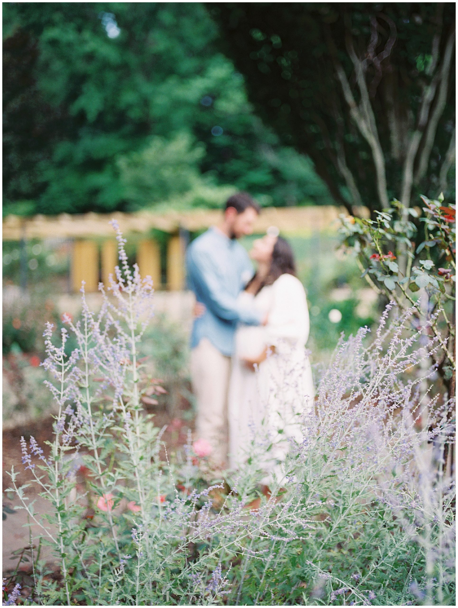 Out of focus image of mother and father embracing during their floral maternity session in Brookside Gardens.