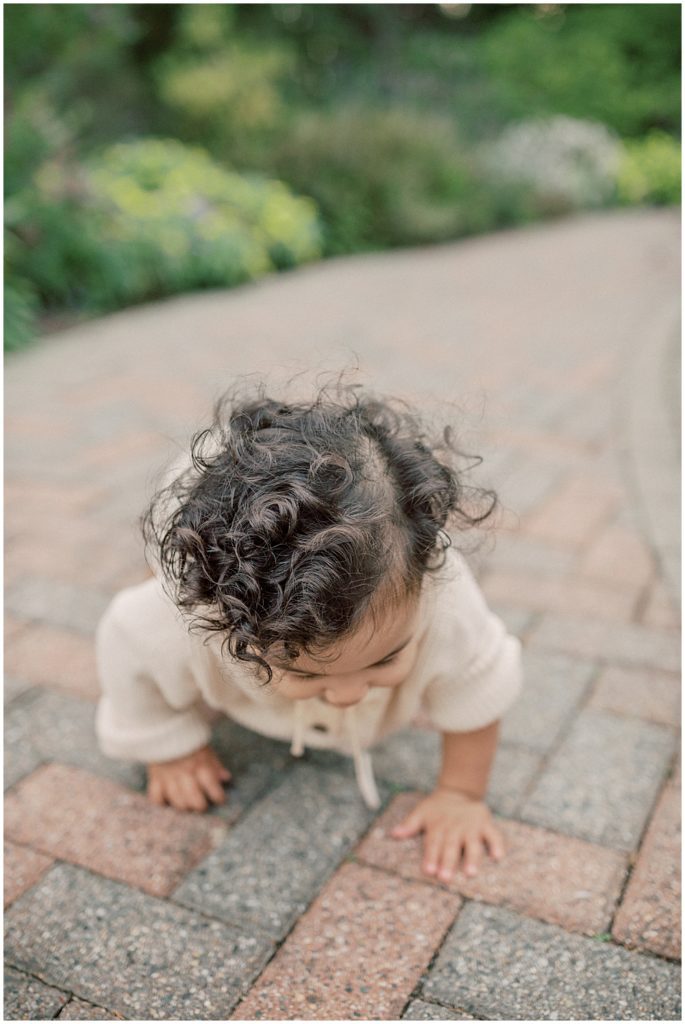 Close-up view of brown curls on crawling toddler on brick.
