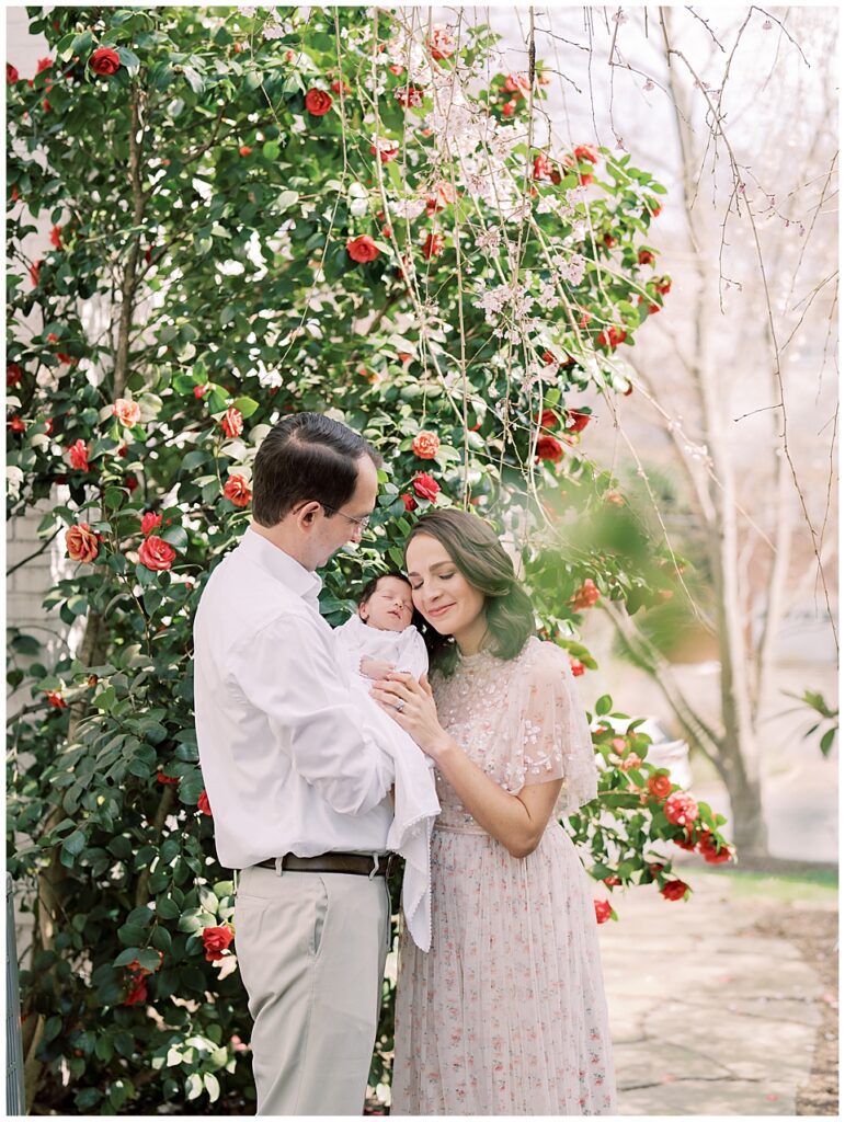 Mother in pink Needle & Thread dress leans into her baby girl held by her husband as they stand in front of a camellia bush photographed by Arlington Newborn Photographer Marie Elizabeth Photography.