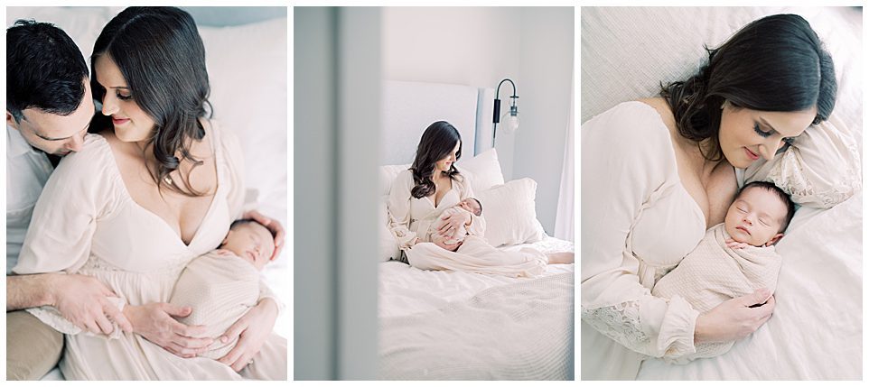 A collage of three images featuring a brown haired mother in white dress with her newborn baby and husband for a blog post about DC doulas.