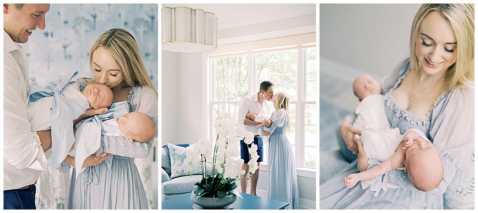 Three images side-by-side of blond parents holding their twin baby boys in blue for a blog post about DC doulas.