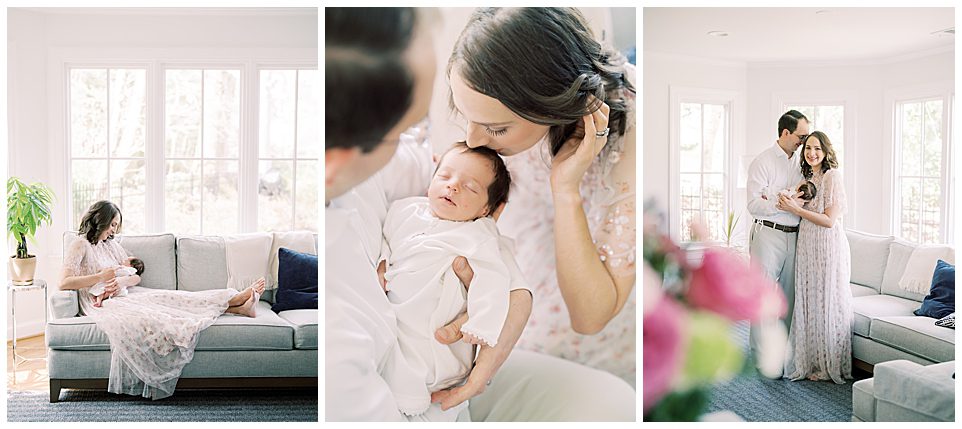A collage of a newborn session with brown-haired mother in Needle & Thread dress with husband and newborn daughter for a blog post about DC area doulas.