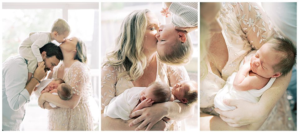 Collage of three sun-soaked images of an in-home newborn session with twin baby boys and a mother in a gold dress, toddler brother in overalls, and father in button-up shirt.