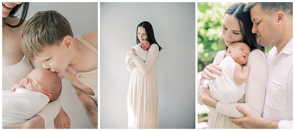 Collage of three images of newborn session with mother, father, and toddler boy for a blog post about DC doulas.