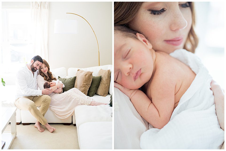 Two images of a newborn session with a red-haired mother and dark-haired father.