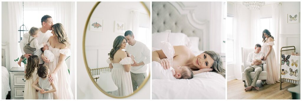 Collage of four newborn photos in Annapolis with a mother, father, and their four children.