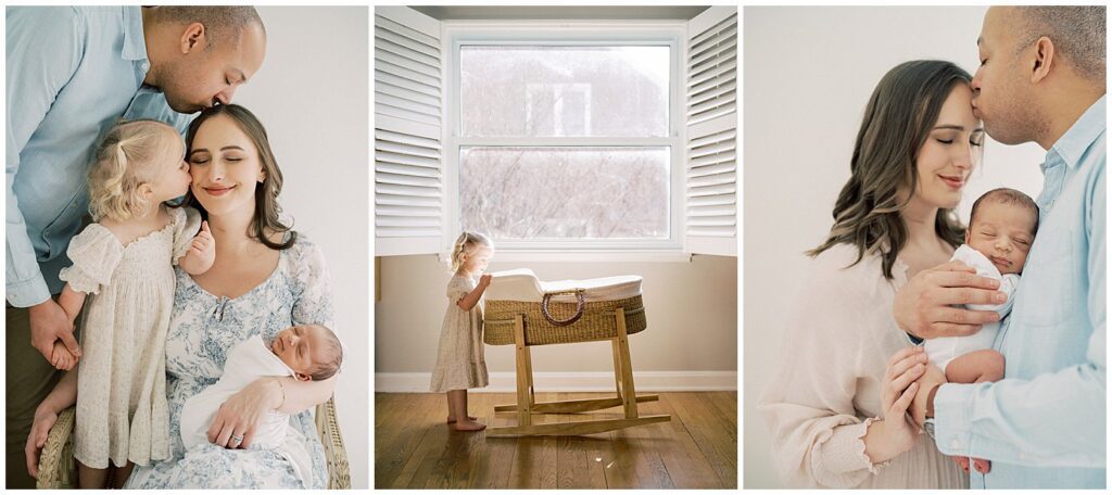 A collection of three images of a family during their newborn photos in Arlington.