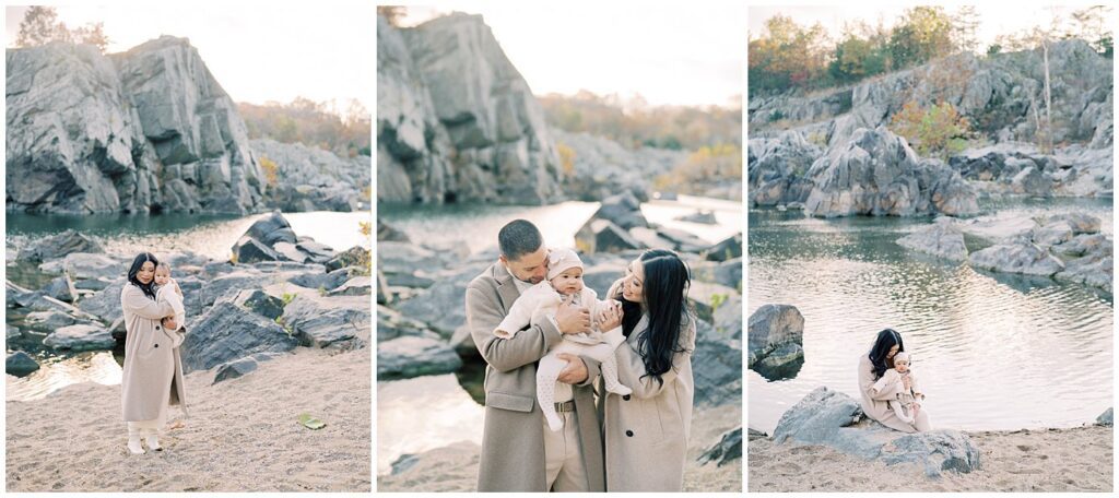 Maryland photoshoot locations - collage of 3 images from family photo session at Great Falls.