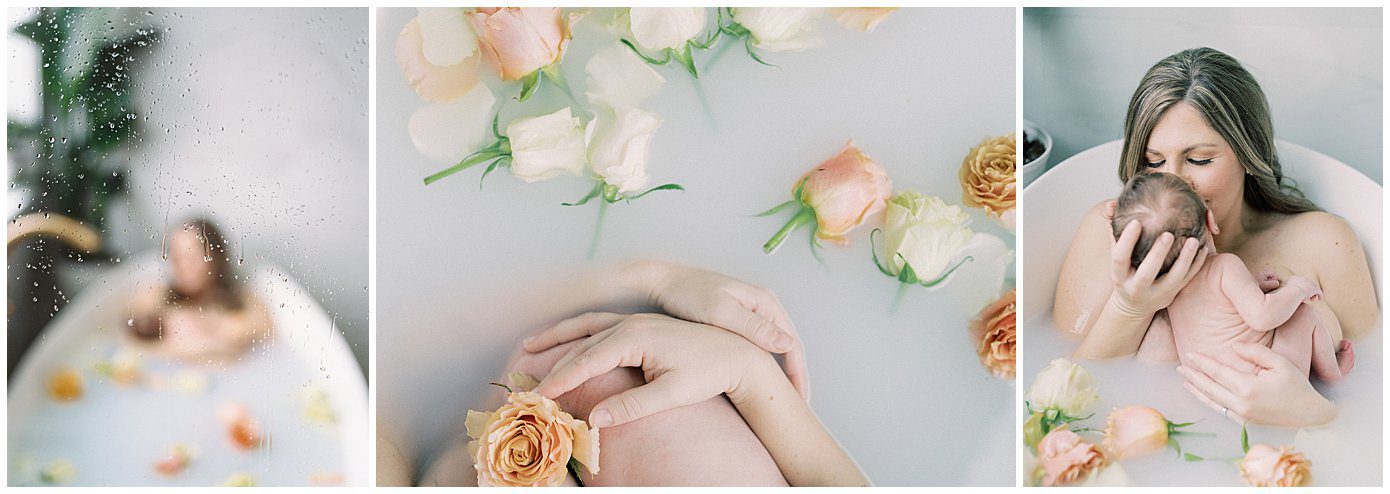 Milk bath photoshoots with newborn baby and mother