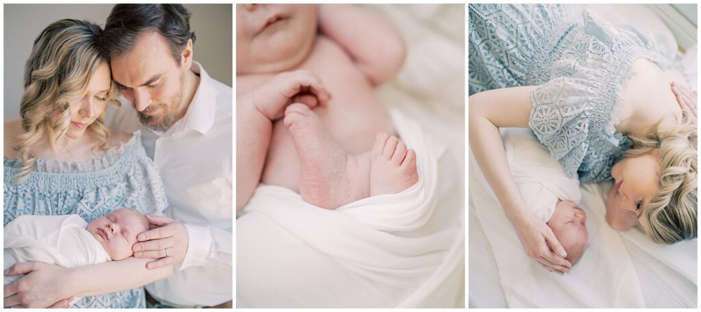 A collage of three images of a mother in light blue dress with her husband and newborn daughter.