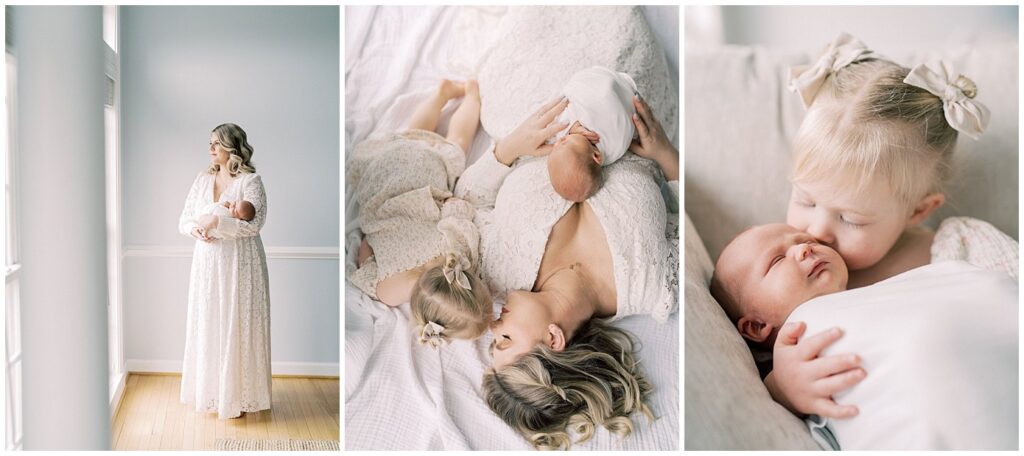 Collage of three images of blonde mother, her newborn baby, and toddler daughter.