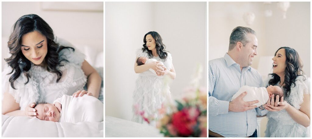Three images from a newborn session with a brunette mother in light blue dress and husband in blue button-up.
