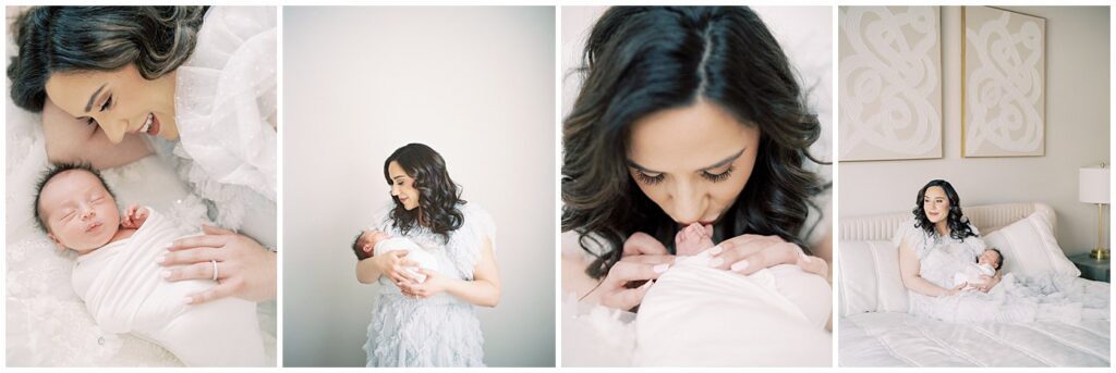 Maryland Doulas | Collage of three images from a newborn session with a mother with long brown hair.